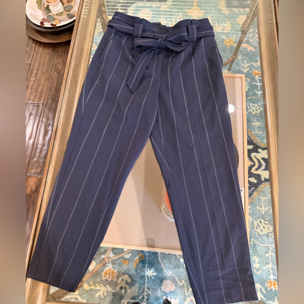 Express Navy High-Waist Pinstripe Trousers with Tie